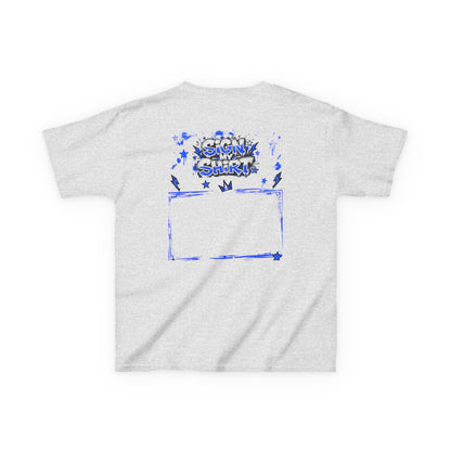 Gray t-shirt with blue graphic design on a white background