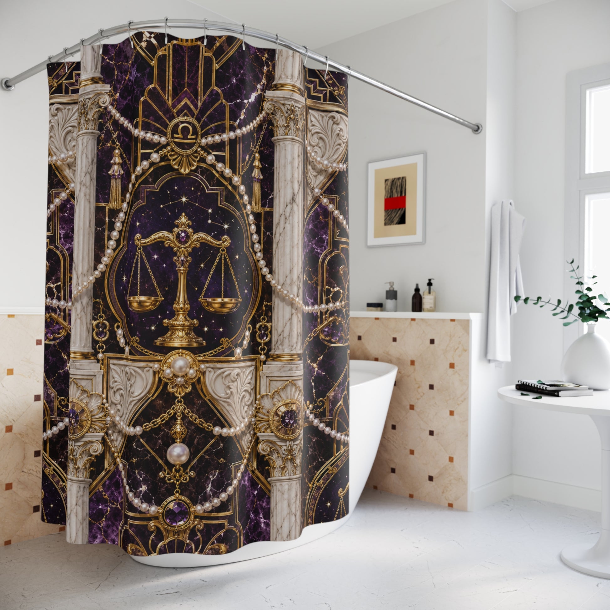 Decorative Astrology Libra shower curtain with celestial design in a bathroom setting