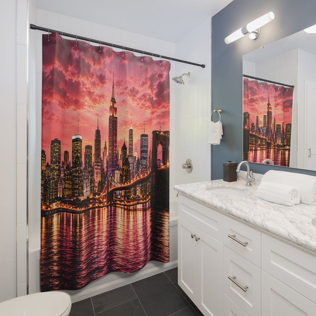 Rose Gold Manhattan Skyline Shower Curtain – Pink NYC Sunset, Brooklyn Bridge & Luxury New York City Bathroom Décor