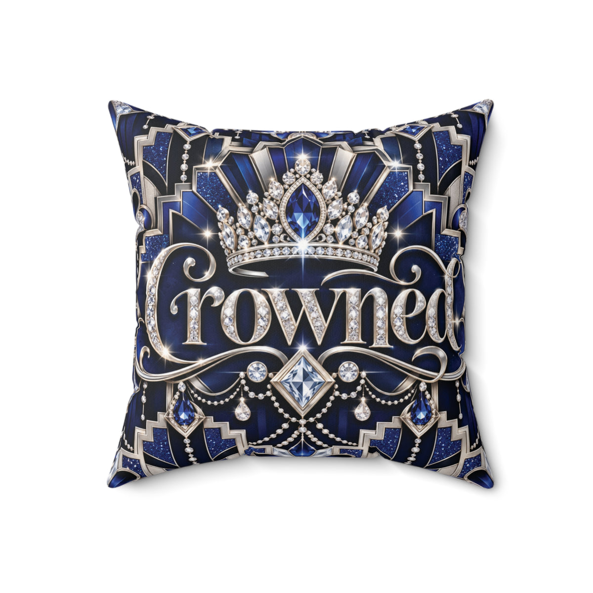 Crowned Sapphire Luxe Throw Pillow | Royal Blue, Silver & Crystal Art Deco Pillow