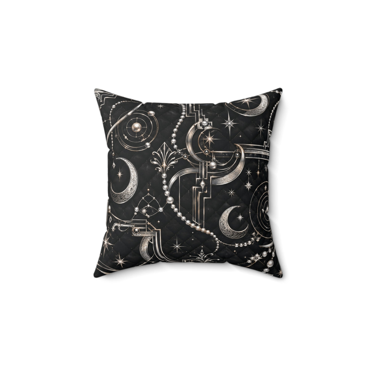 A square throw pillow featuring a celestial pattern of silver moon phases, stars, and ornate architectural details on a black background, shown against a plain white studio backdrop.