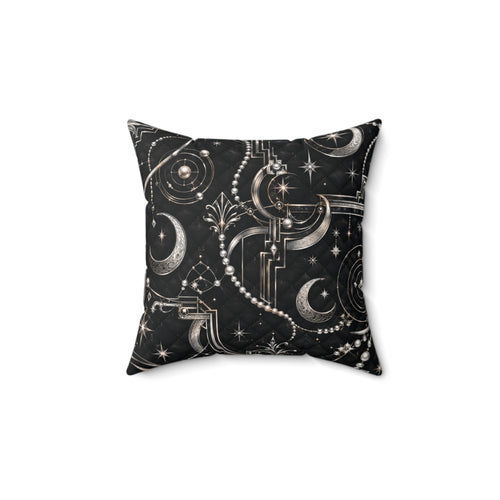 A square throw pillow featuring a celestial pattern of silver moon phases, stars, and ornate architectural details on a black background, shown against a plain white studio backdrop.