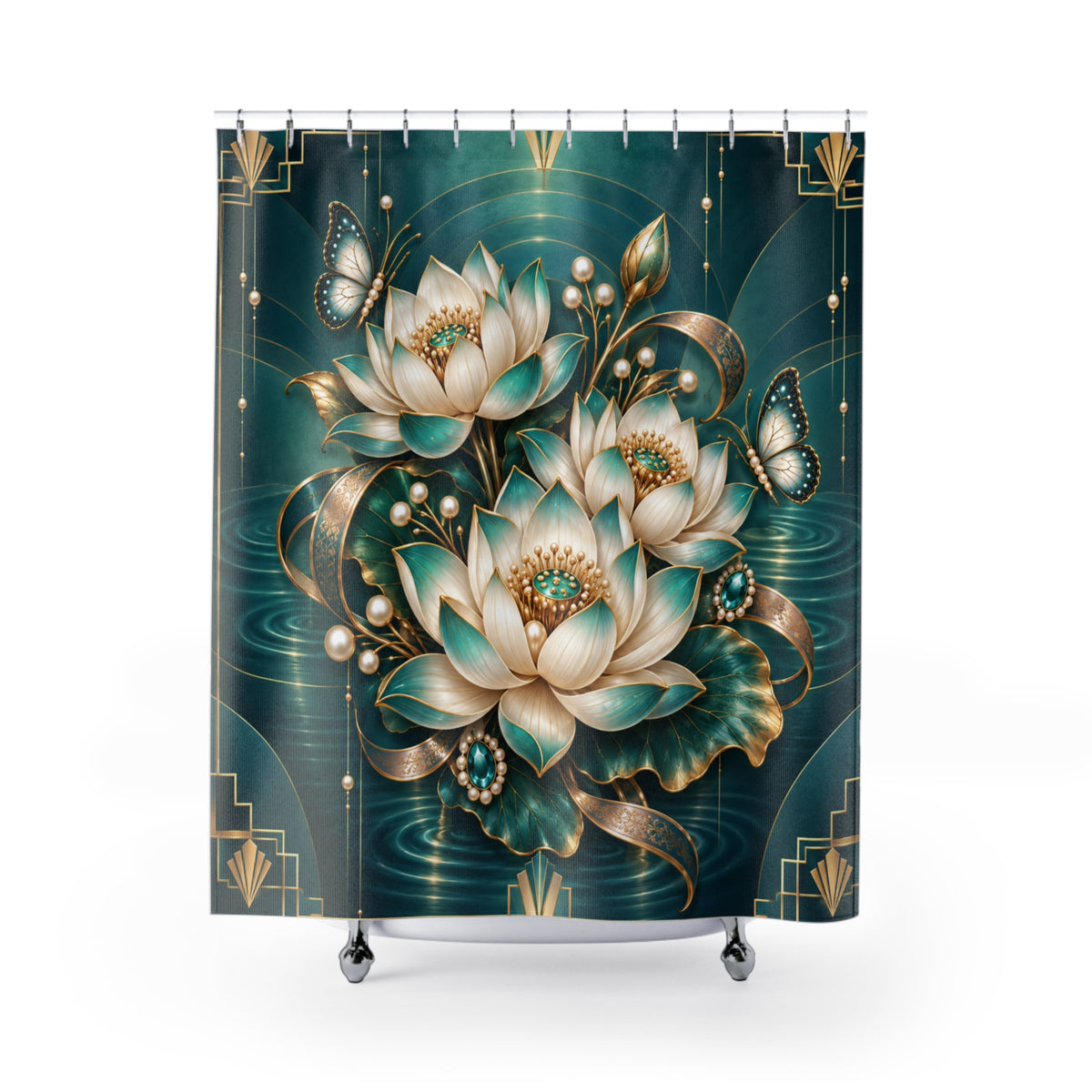 A shower curtain featuring an elegant Art Deco style design with white lotus flowers, teal and gold leaves, butterflies, and pearls on a dark teal background.