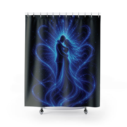 Romantic Cosmic Embrace Shower Curtain — Blue Galaxy Couple Bathroom Decor