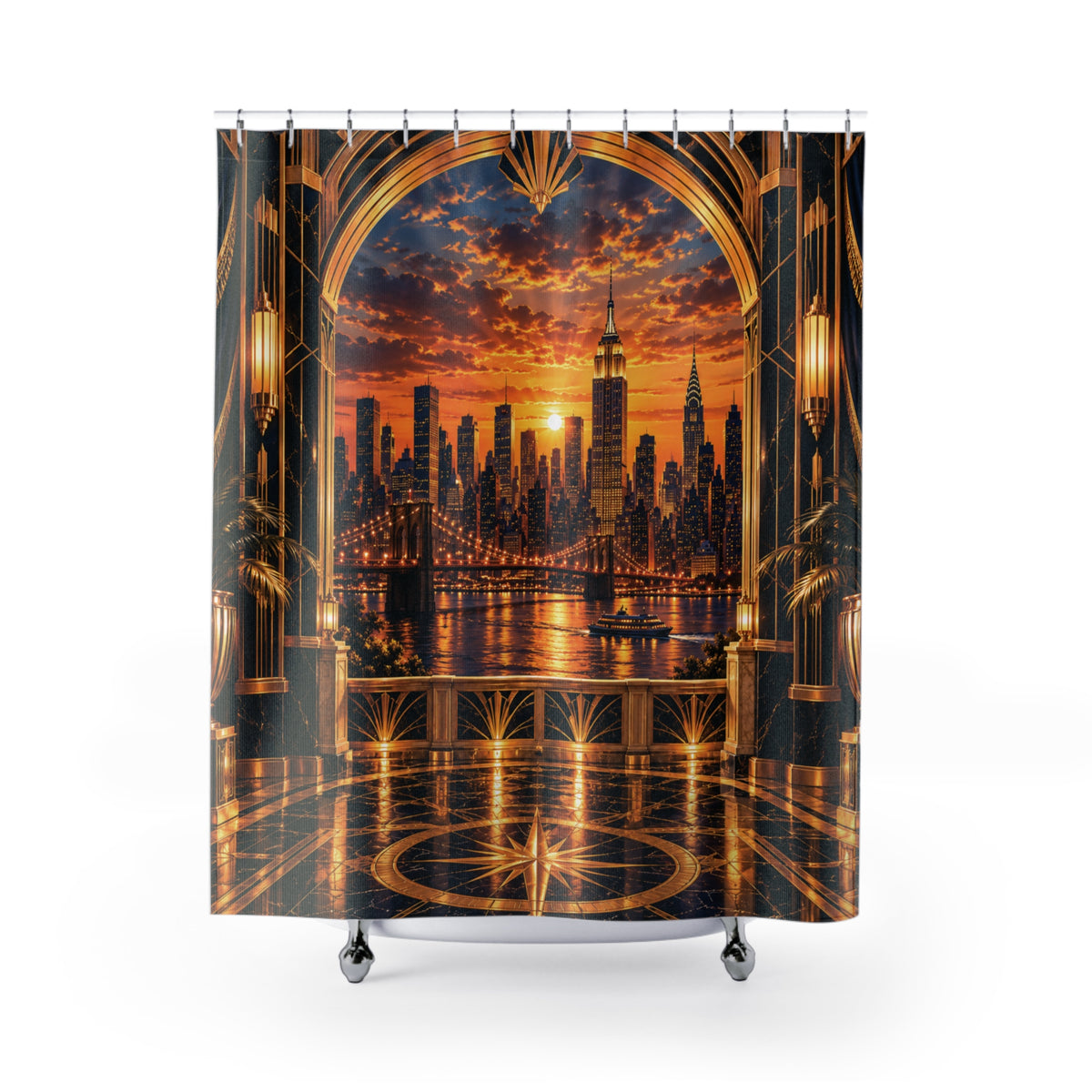 Golden Manhattan Sunset Luxury Shower Curtain | NYC Skyline Art Deco Bathroom Décor