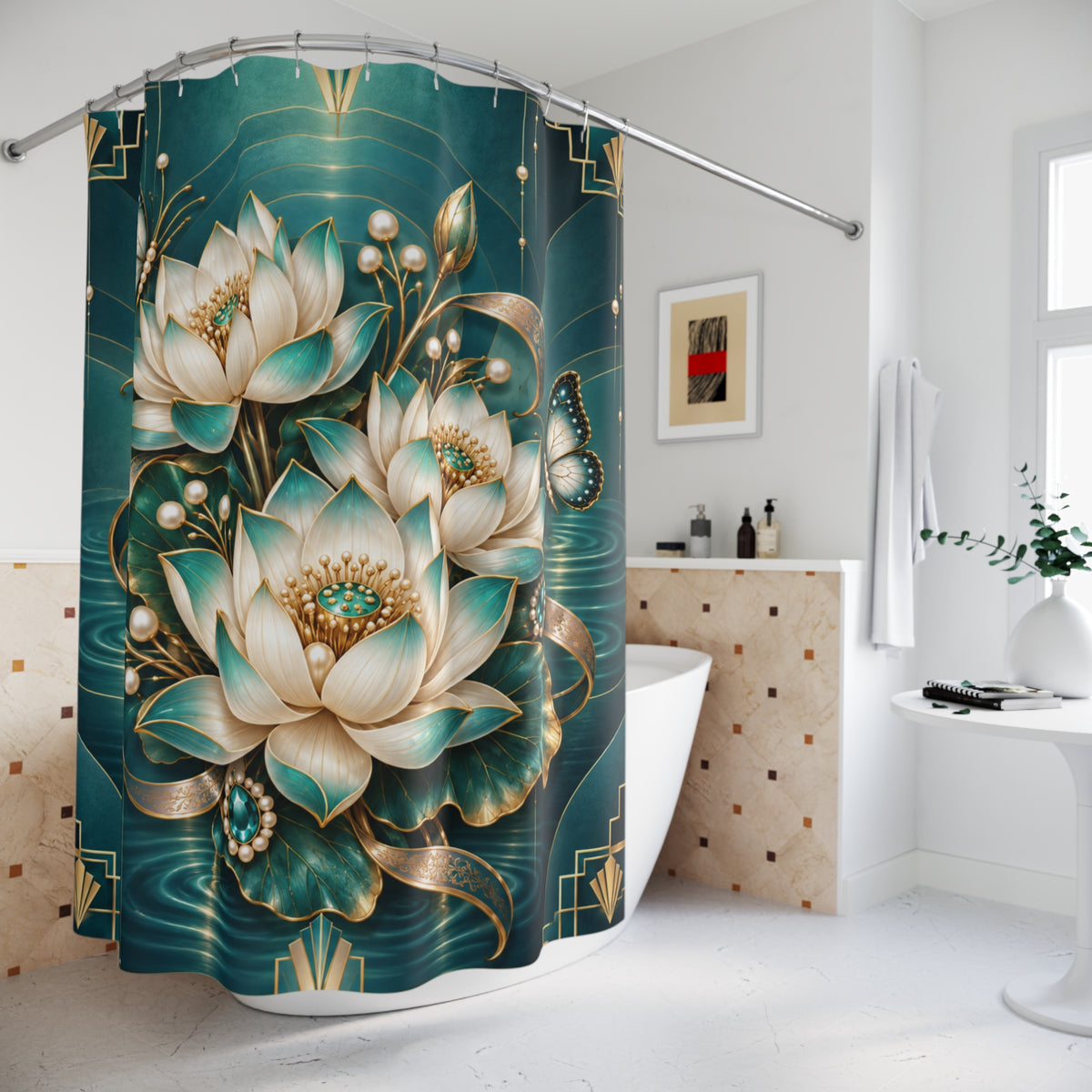 A teal and gold shower curtain with large white and teal lotus flowers, hanging in a bright modern bathroom next to a white bathtub.