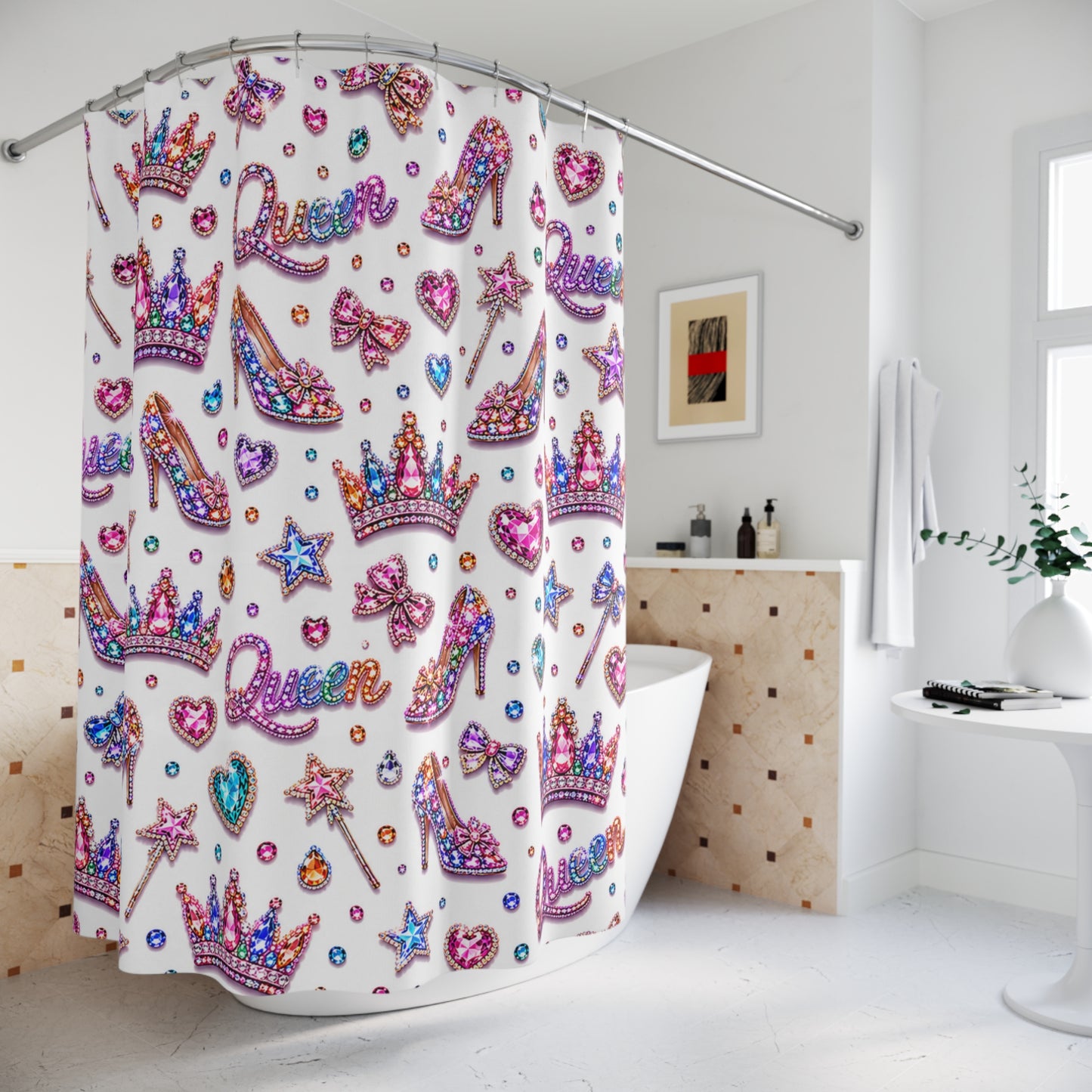 Shower curtain with decorative patterns in a bathroom setting