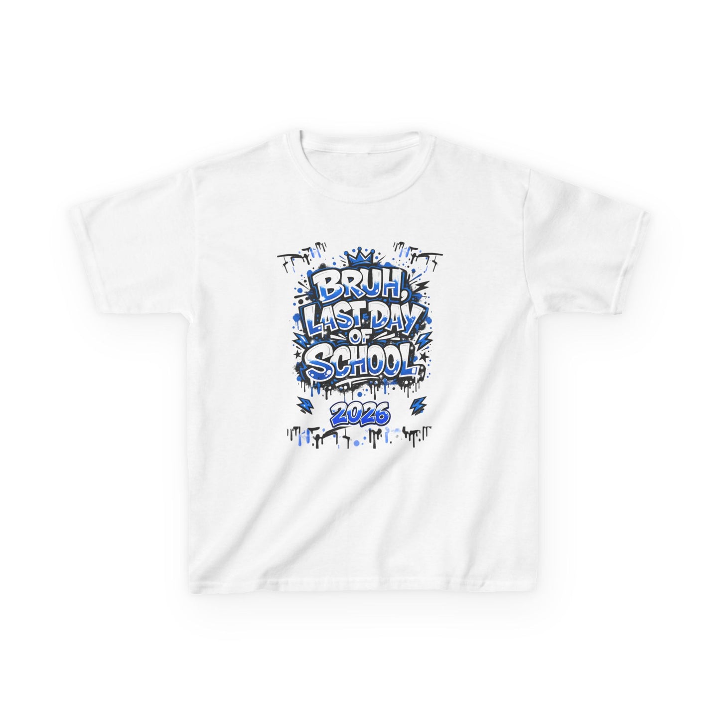 White t-shirt with colorful 'Bruh, Last Day of School' graphic design on a white background