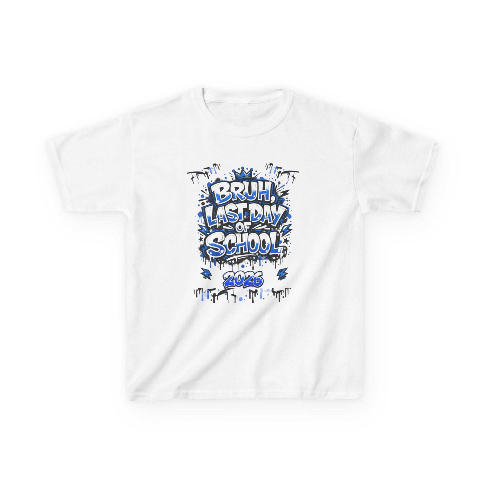 White t-shirt with colorful 'Bruh, Last Day of School' graphic design on a white background