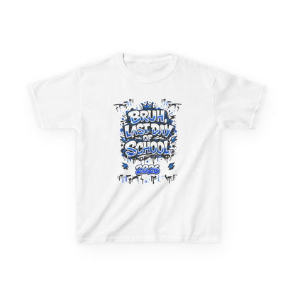 White t-shirt with colorful 'Bruh, Last Day of School' graphic design on a white background