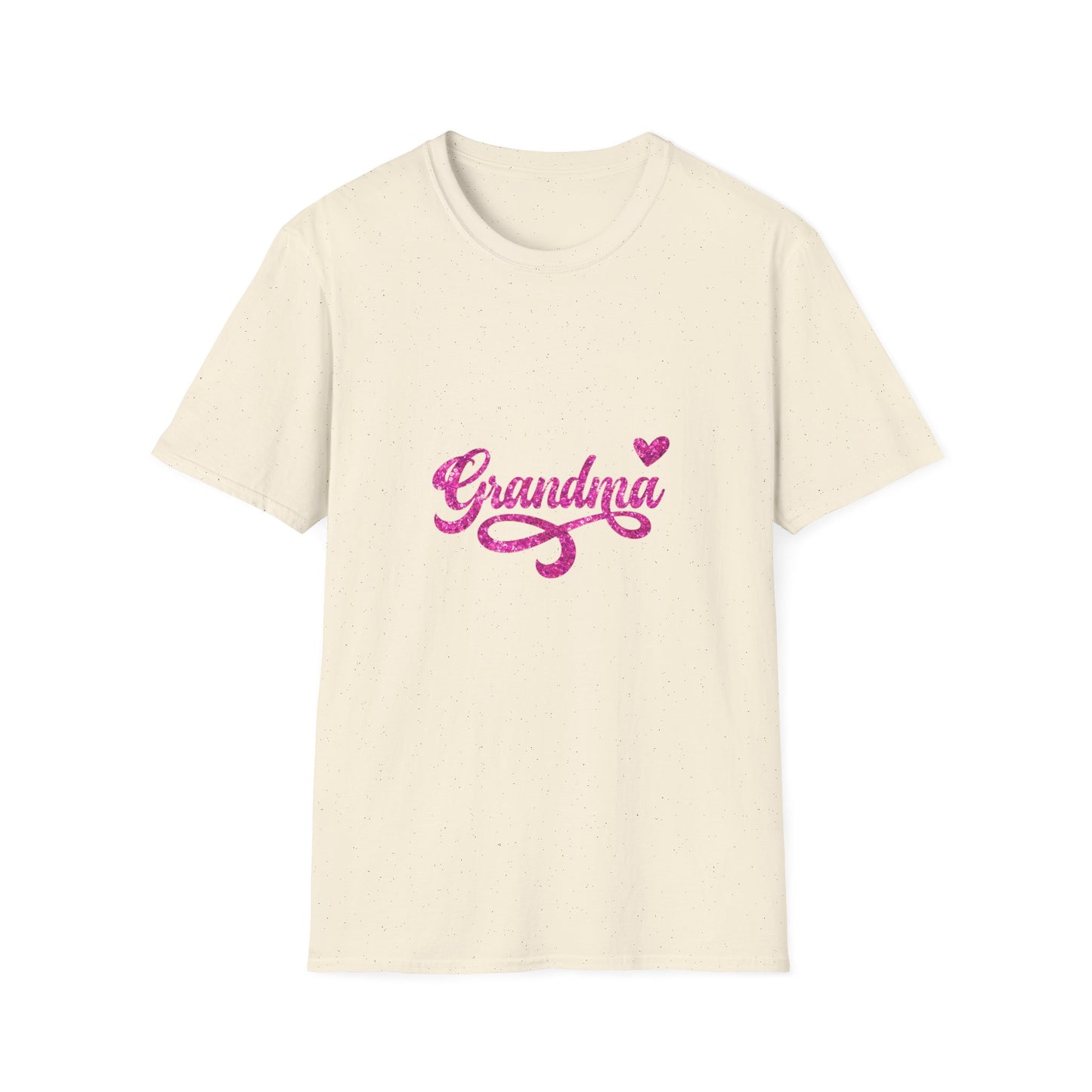 Beige t-shirt with 'Grandma' in pink text on a white background