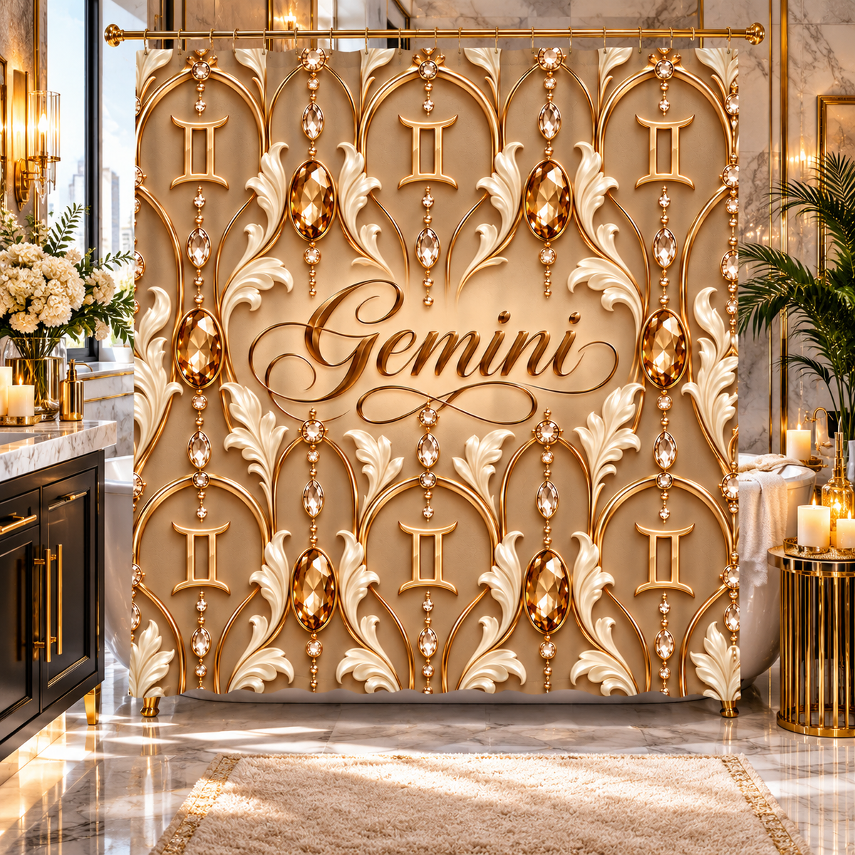 Gemini Zodiac Elegant Gold Astrological — Bathroom Shower Curtain