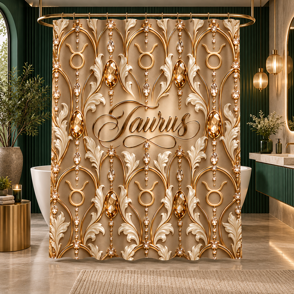 A luxury bathroom scene featuring a decorative shower curtain with an ornate gold and cream damask pattern, hanging from a gold rod. The word 'Taurus' is written in elegant gold script in the center.