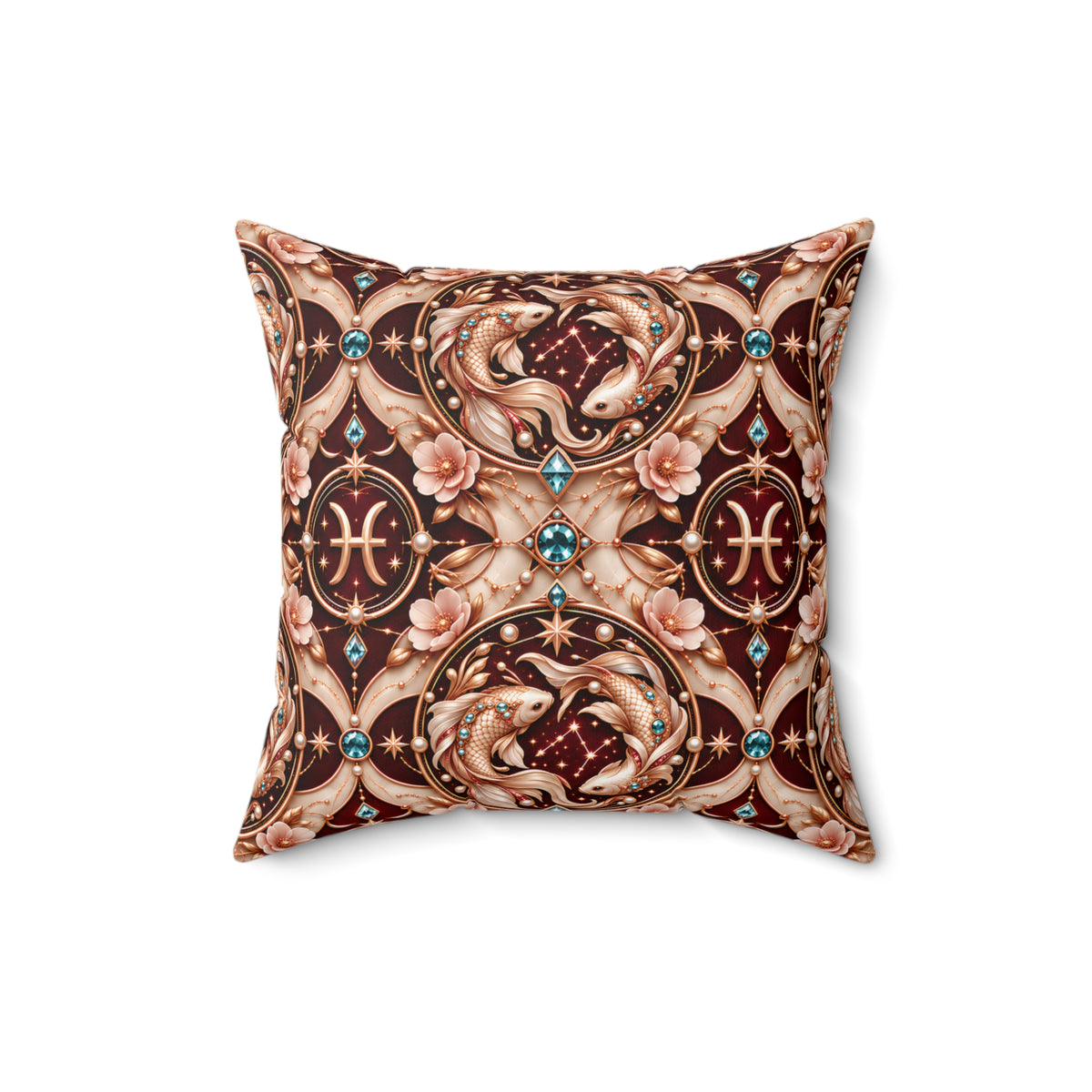 A square decorative throw pillow featuring an ornate zodiac-themed pattern with双鱼, Pisces symbols, and celestial motifs in brown, beige, and gold tones with turquoise accents, shown on a plain white background.