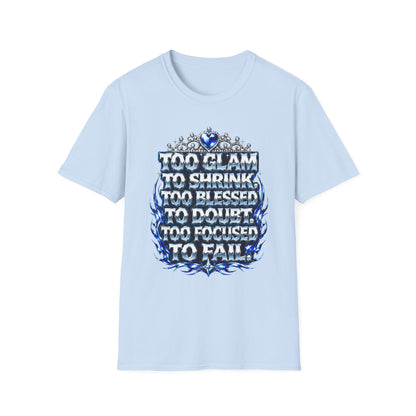 Too Glam to Shrink Too Blessed T-Shirt — Faux Rhinestone Tiara Graphic
