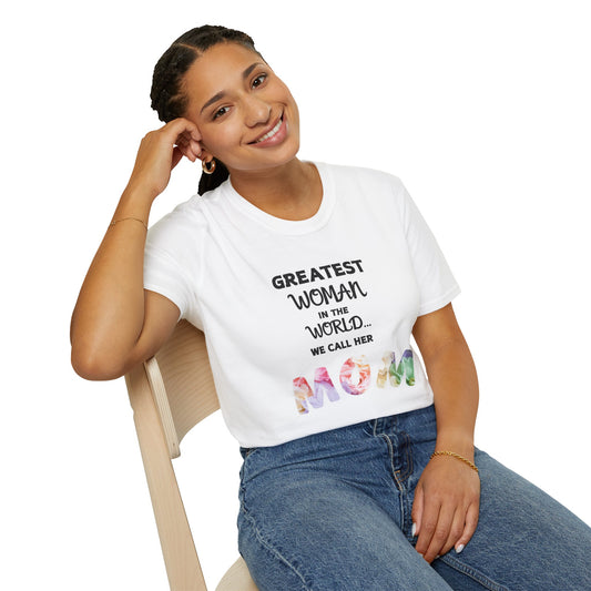 Woman wearing a white t-shirt with text and graphics, sitting on a chair against a white background