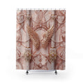A shower curtain featuring a decorative classical design with gold cherub wings, ornate columns, draped pearl-like chains, and a pink marble background, shown hanging over a white bathtub against a white studio background.