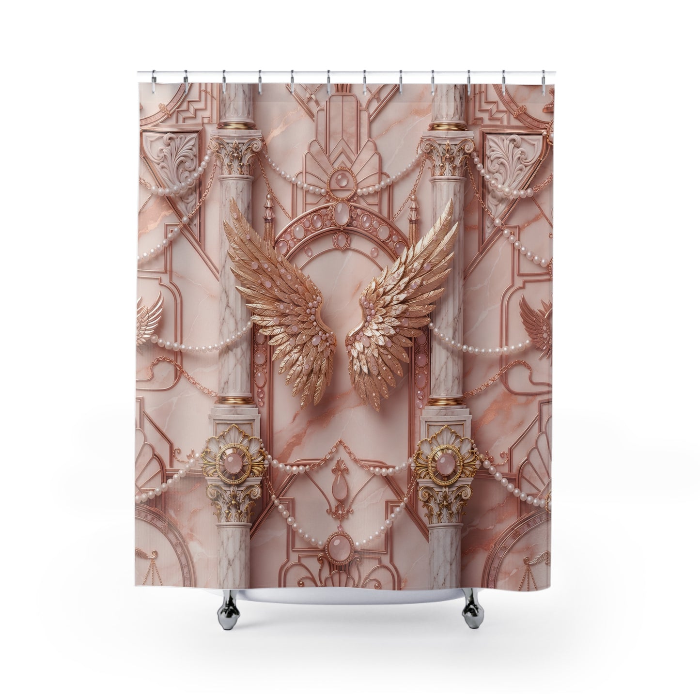 Baroque Angel Wings Shower Curtain — Rose Gold Ornate Bathroom Décor