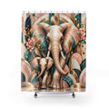 A shower curtain featuring a stylized Art Deco illustration of a large elephant and a smaller baby elephant, with pink flowers and gold geometric arches on a white background.