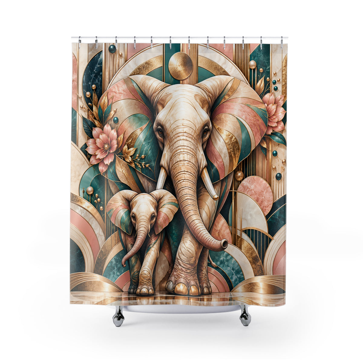 A shower curtain featuring a stylized Art Deco illustration of a large elephant and a smaller baby elephant, with pink flowers and gold geometric arches on a white background.