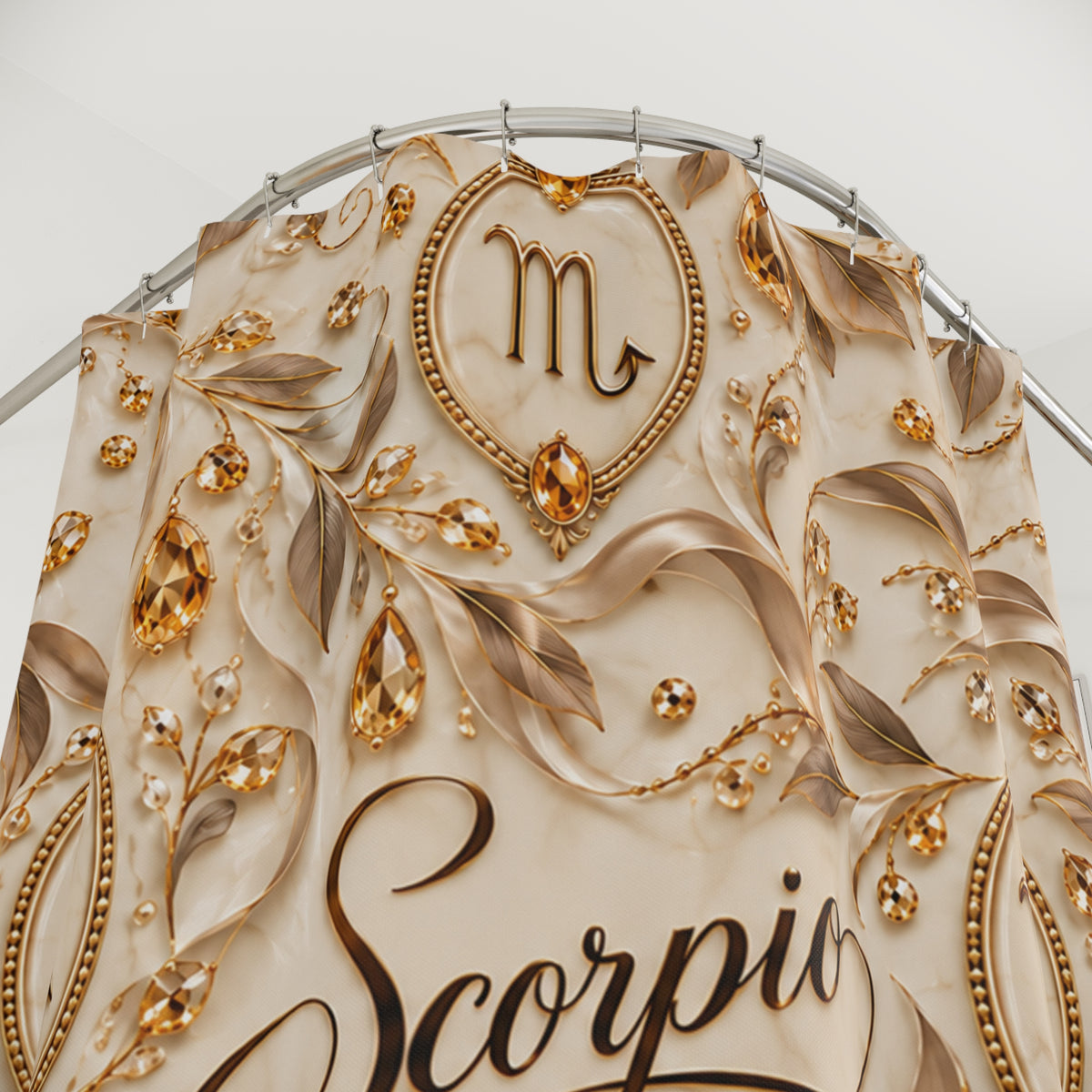 An ornate decorative sign or wall art featuring a cream-colored background with gold and beige sculpted floral motifs, a central heart-shaped emblem with a Scorpio symbol, and the word 'Scorpio' in large script at the bottom.