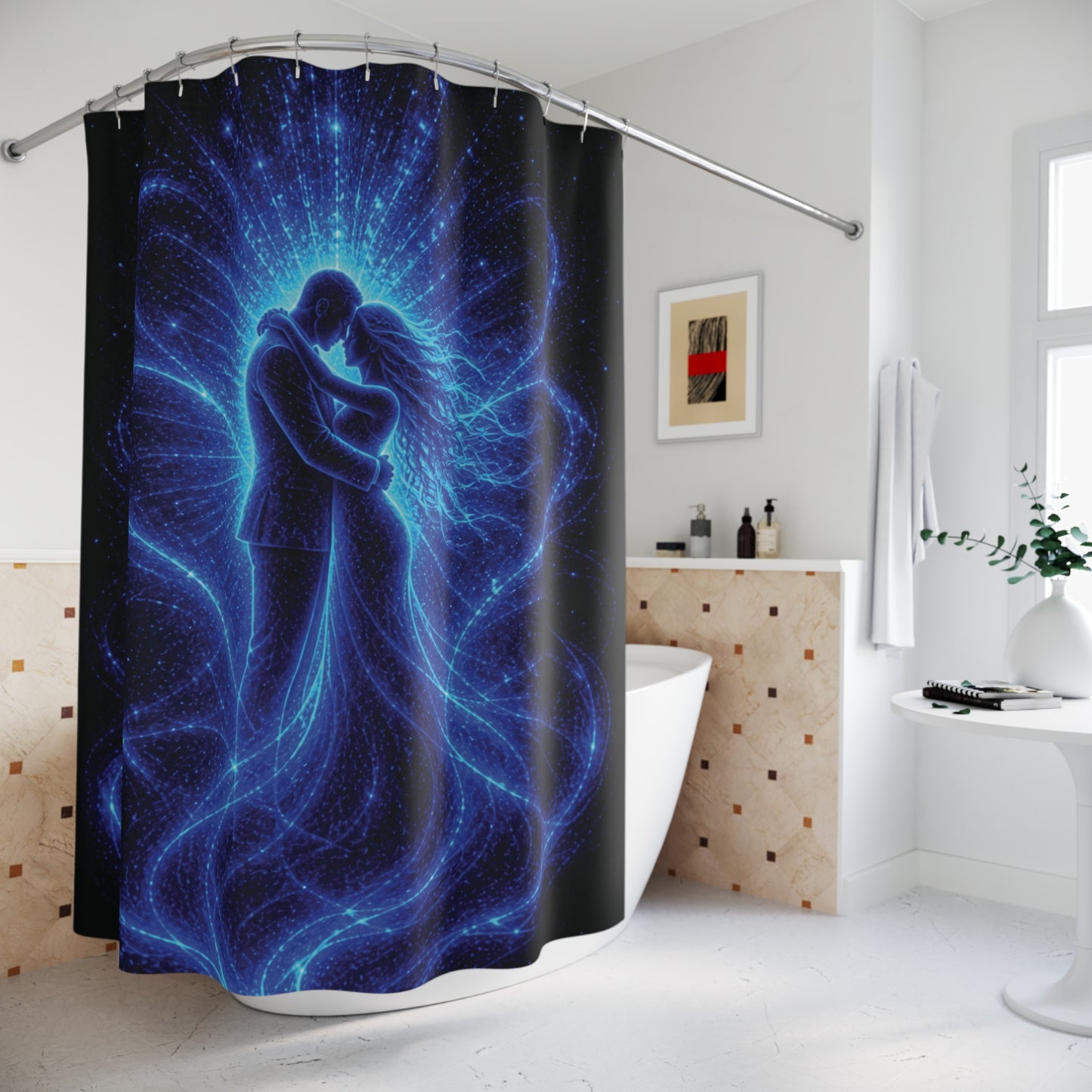 Romantic Cosmic Embrace Shower Curtain — Blue Galaxy Couple Bathroom Decor