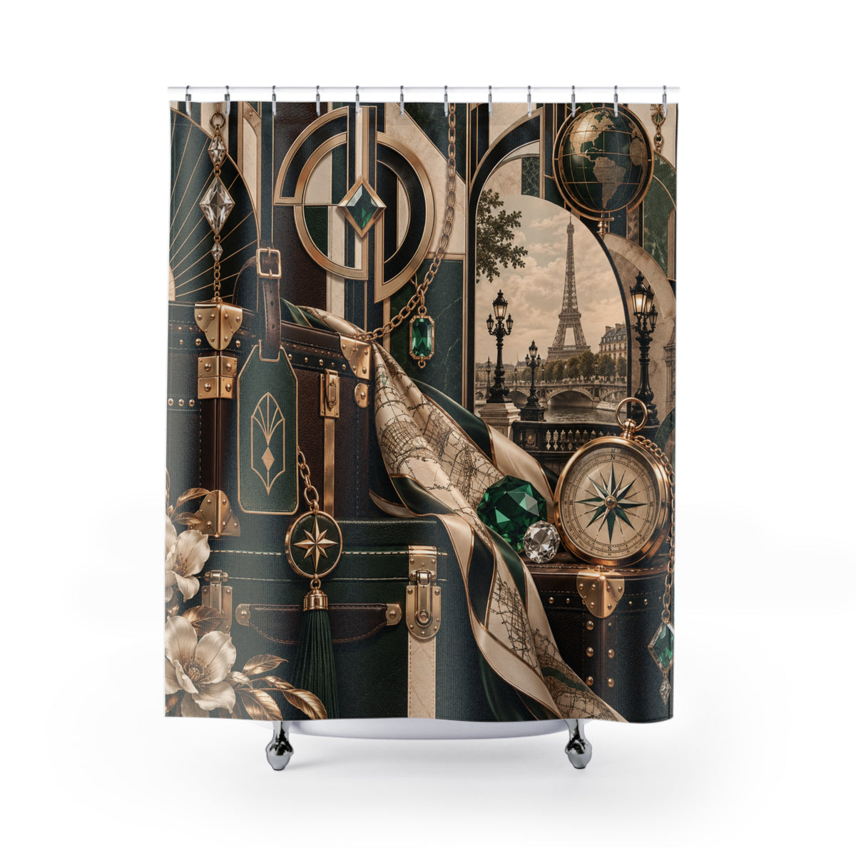 A shower curtain featuring an intricate vintage Art Deco style collage print with a map, compass, pocket watch, gemstones, and a Parisian scene with the Eiffel Tower in the background. The curtain is shown hanging from a silver rod with silver hooks, with a white tub edge and silver feet visible at the bottom against a solid white background.