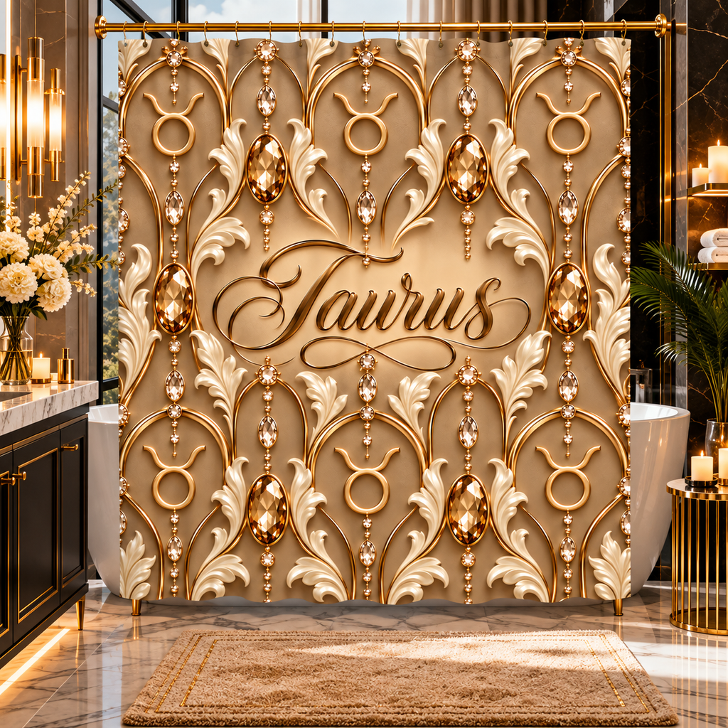 A luxury shower curtain featuring a gold and beige 3D baroque shower curtain with the word 'Taurus' in elegant script at the center, hanging in a richly decorated bathroom.