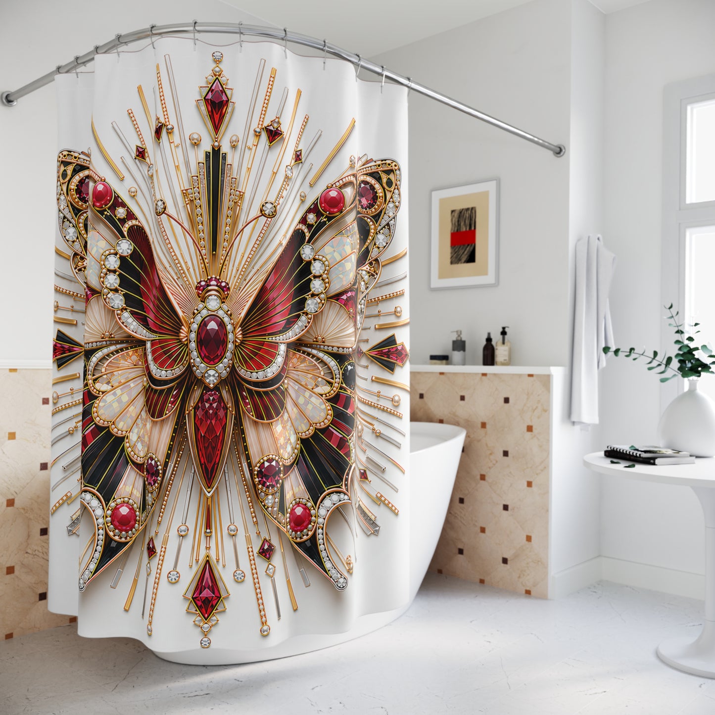 A white shower curtain featuring a large, ornate Art Deco style butterfly design with red gemstones, gold rays, and black accents, hanging in a bright, modern white bathroom.