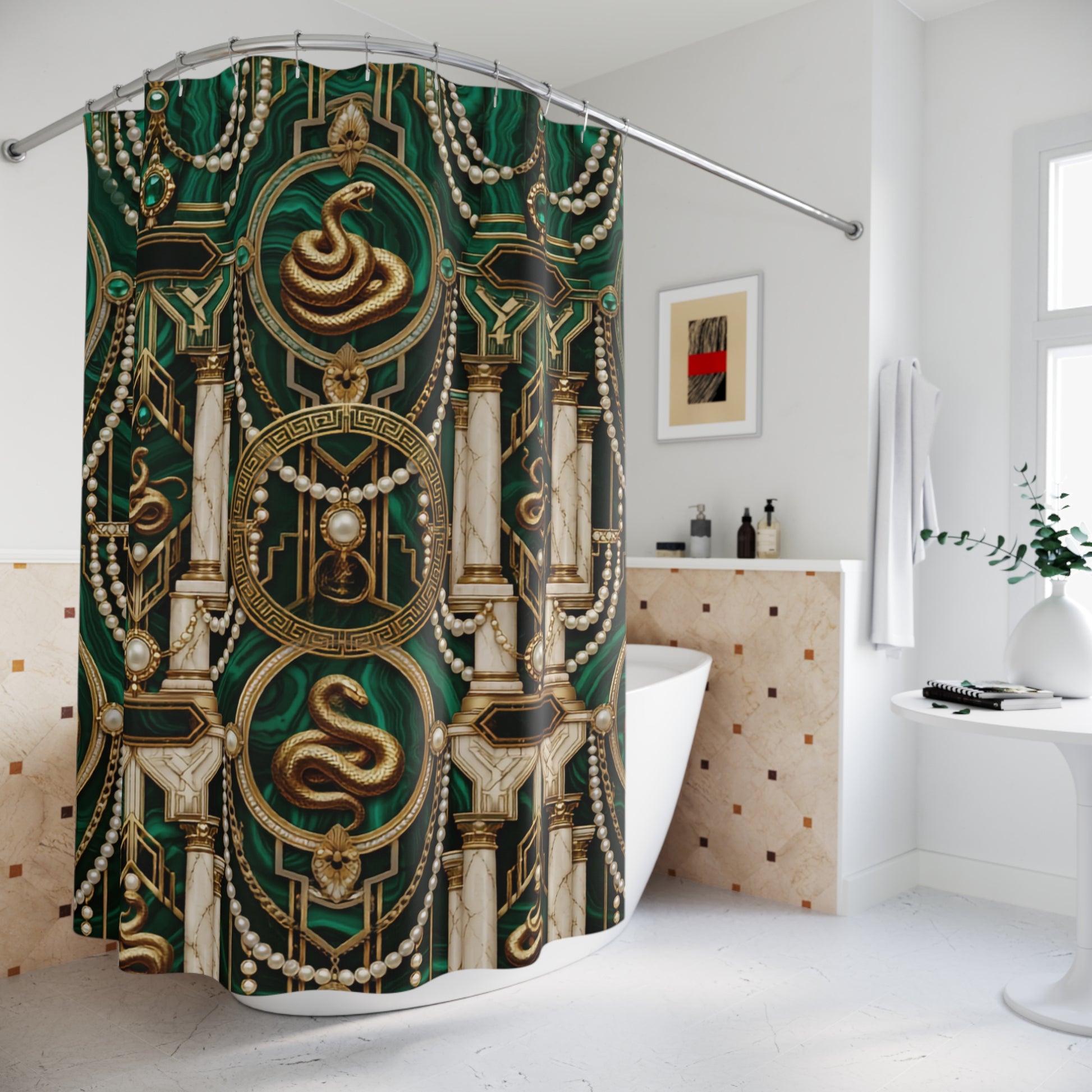 A green and gold shower curtain with an ornate architectural pattern and serpent motifs, hanging in a bright white bathroom.