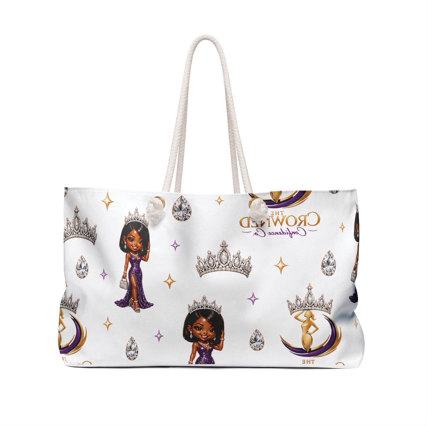 Tote bag with princess-themed design featuring characters and crowns on a white background