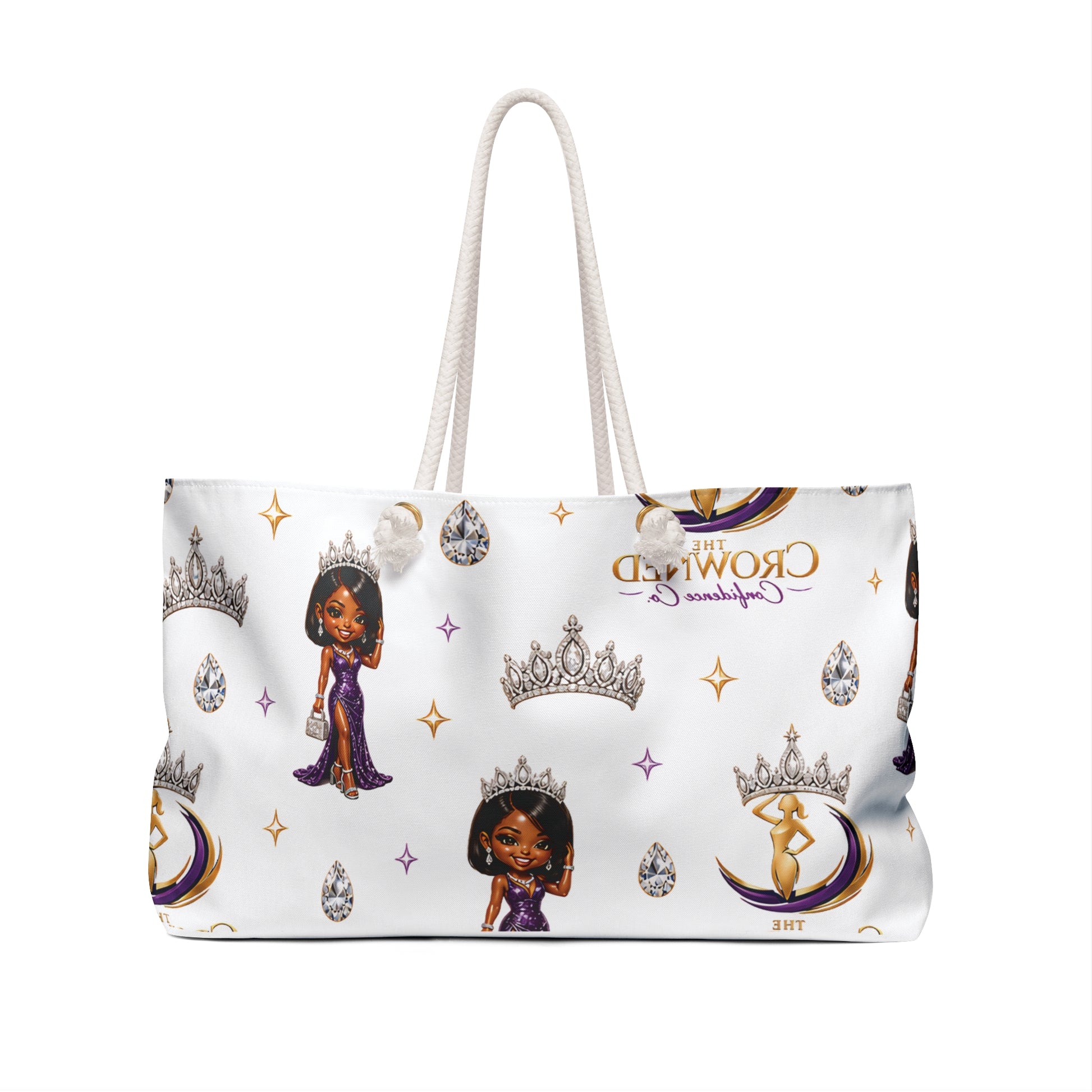 Tote bag with princess-themed design featuring characters and crowns on a white background