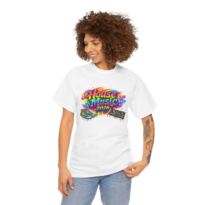 Woman wearing a white t-shirt with colorful 'House Music 2026' design on a white background