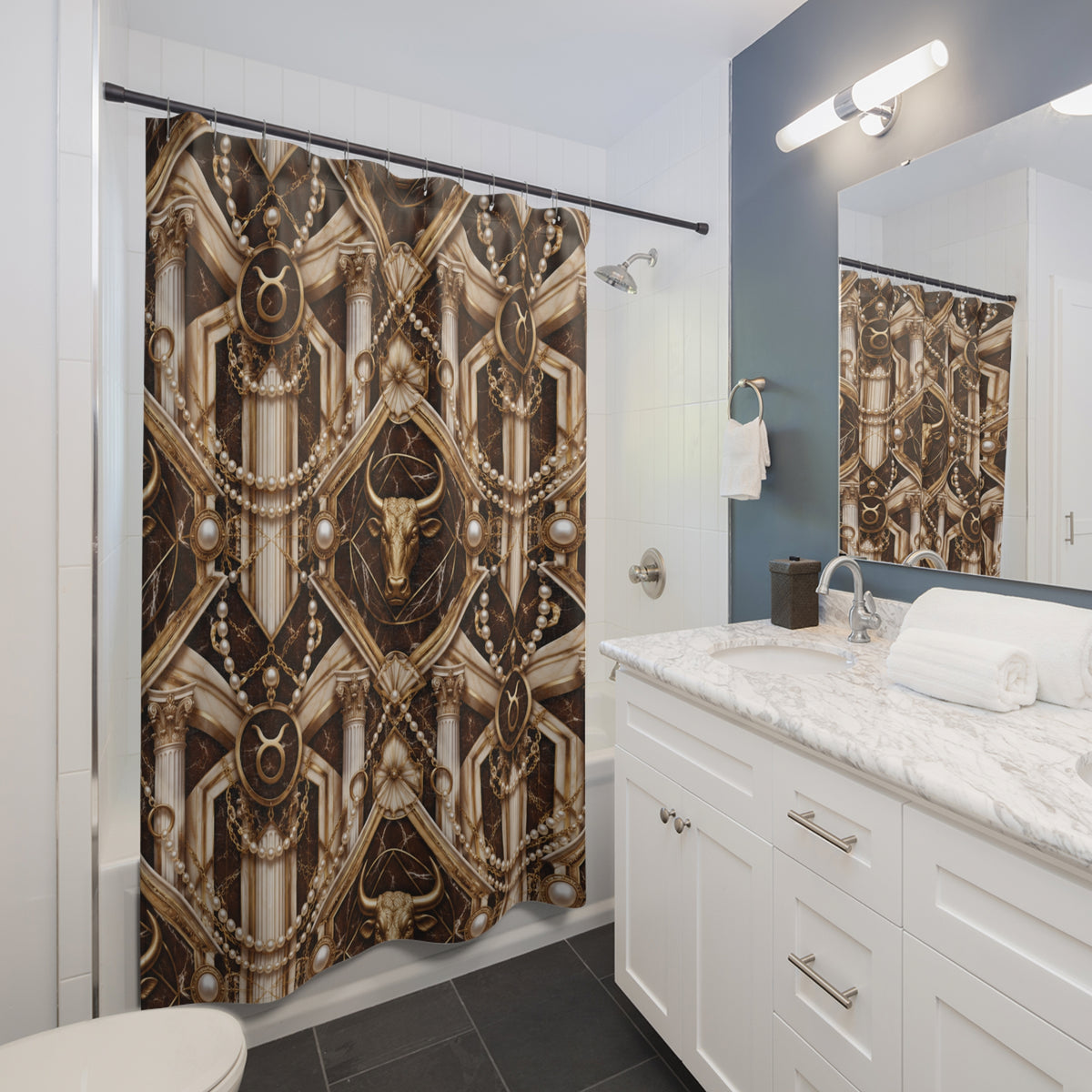 Bathroom with a decorative Taurus zodiac shower curtain with intricate gold and black pattern