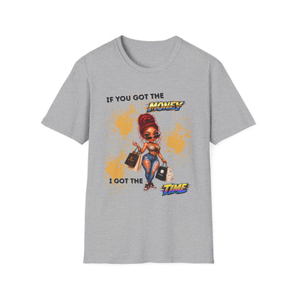 Gray t-shirt with graphic design and text on a white background