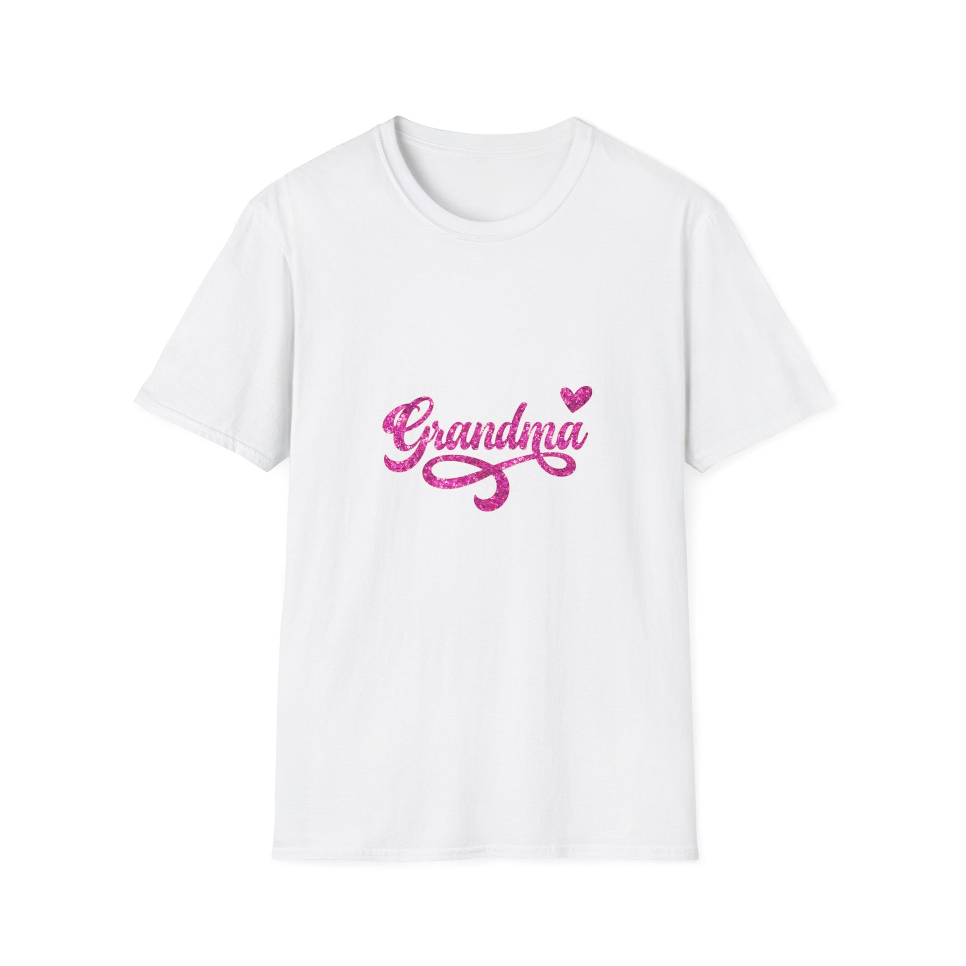 White t-shirt with 'Grandma' in pink text on a white background