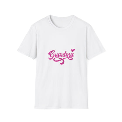 White t-shirt with 'Grandma' in pink text on a white background