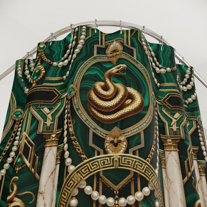 A close-up of a luxurious green and gold patterned shower curtain , likely a curtain or tapestry, featuring a central gold snake motif, classical columns, pearl-like bead strands, and emerald green gem details.
