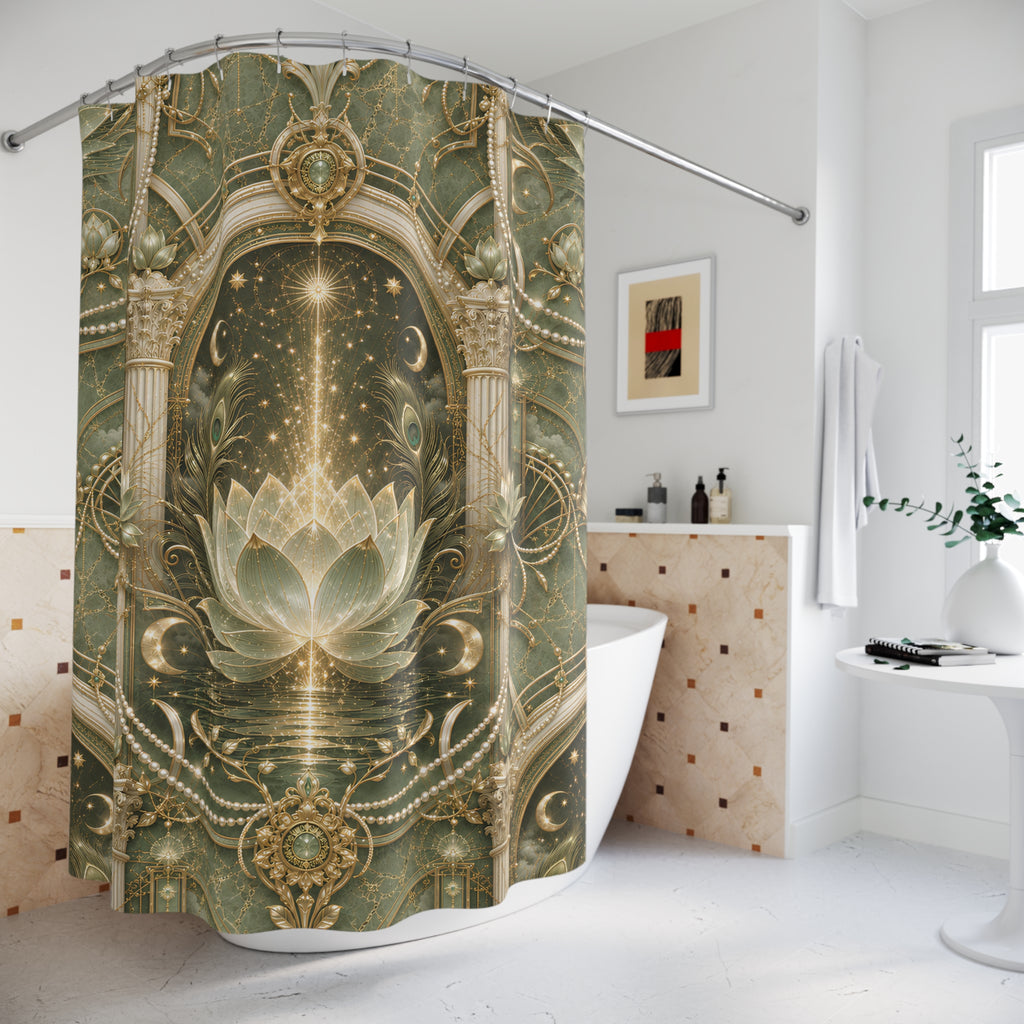 An ornate shower curtain hanging in a bright bathroom. The curtain features a symmetrical, baroque-style design with a large lotus flower at the center, surrounded by gold filigree, stars, and crescent moons on a muted green and beige background.