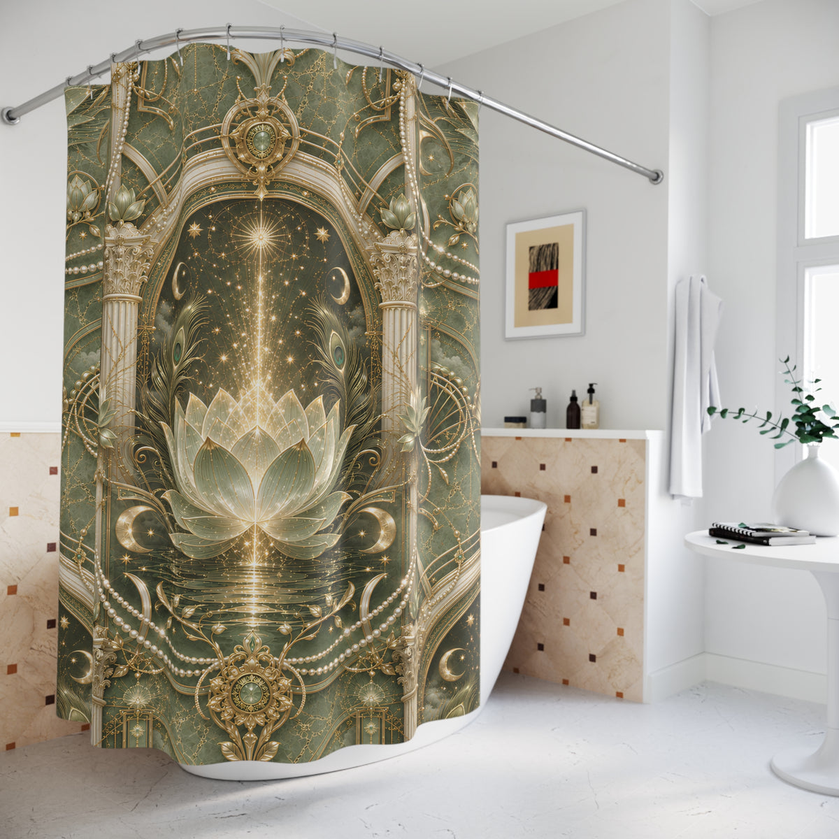 An ornate shower curtain hanging in a bright bathroom. The curtain features a symmetrical, baroque-style design with a large lotus flower at the center, surrounded by gold filigree, stars, and crescent moons on a muted green and beige background.