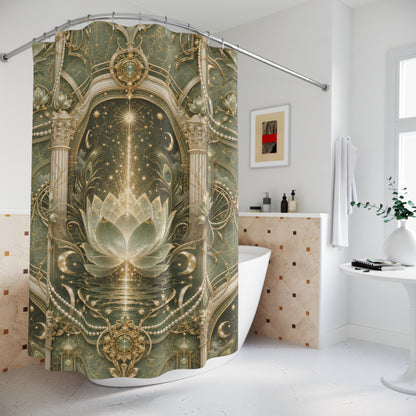 Lotus Arch Shower Curtain — Mystical Green Lotus & Starfall Bathroom Decor