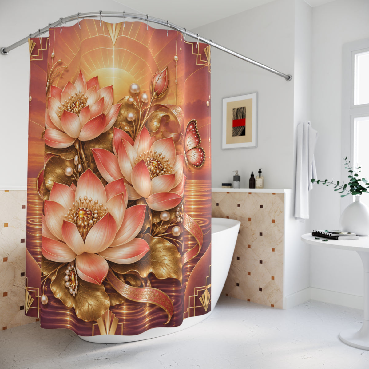 A shower curtain hanging in a bright white bathroom, featuring a large floral print with pink and peach lotus flowers, gold leaves, and a butterfly on a warm orange and brown background.