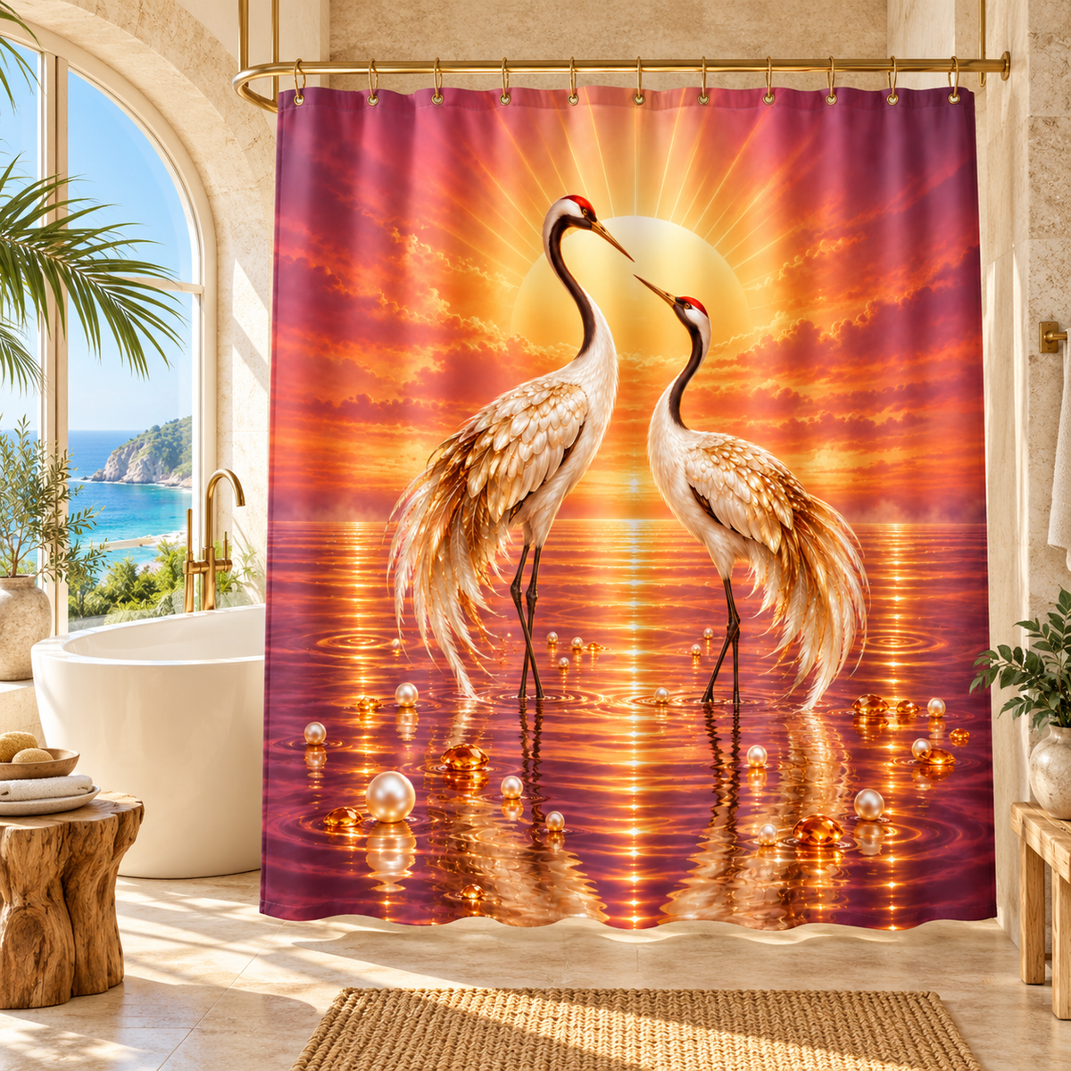 Crane Sunset Romantic Golden Beach —Shower Curtain Wildlife Decor