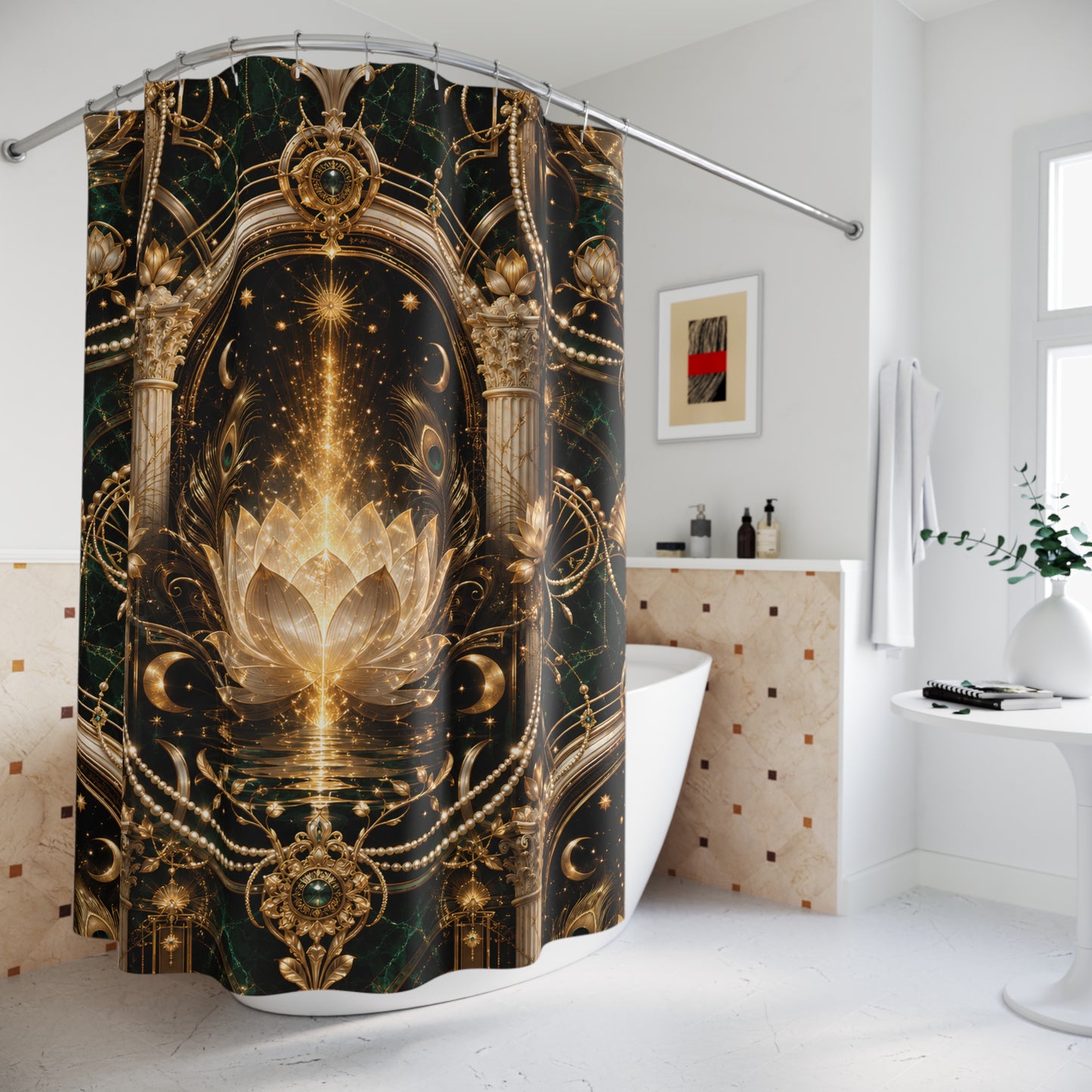 Lotus Alchemy Shower Curtain — Mystical Gold Mandala Bathroom Decor