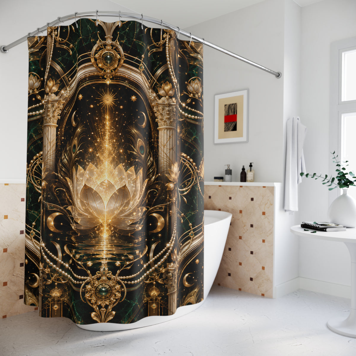 A bathroom scene with a shower curtain hanging from a curved rod over a bathtub. The curtain has an ornate fantasy-style design with a glowing lotus flower, stars, moons, and gold architectural details on a dark green and black background.