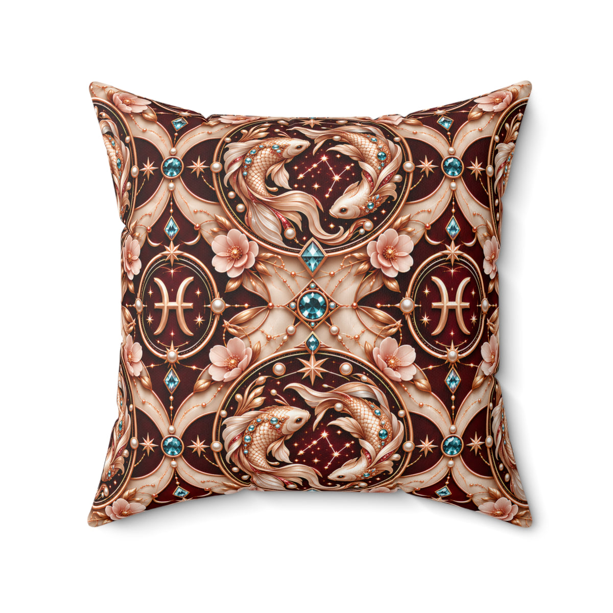 A square decorative throw pillow featuring an ornate zodiac-themed pattern with Pisces fish, gold stars, and pink flowers on a dark brown background, shown against a plain white studio backdrop.