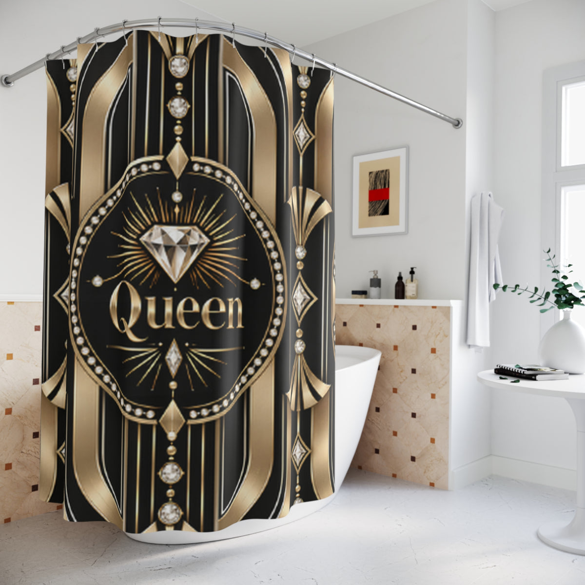 Queen Diamond Art Deco Shower Curtain — Luxury Black & Gold Bathroom Decor