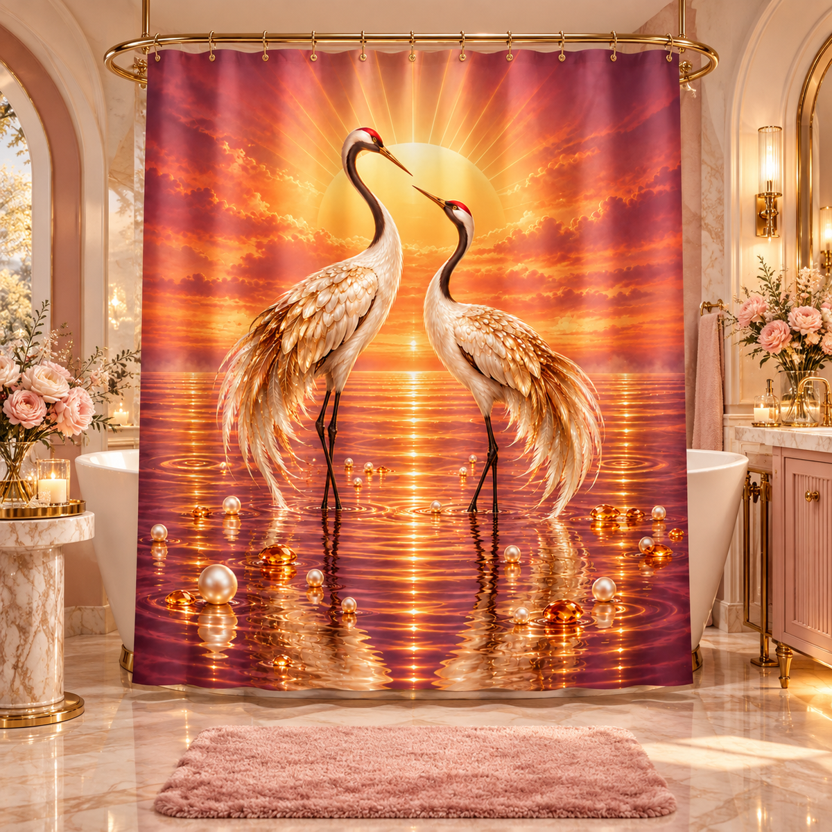 Crane Sunset Romantic Golden Beach —Shower Curtain Wildlife Decor