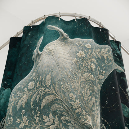 A close-up of a dark teal and black curtain with a large white floral applique or embroidered panel in the center, hanging from a curved metal rod against a light gray background.