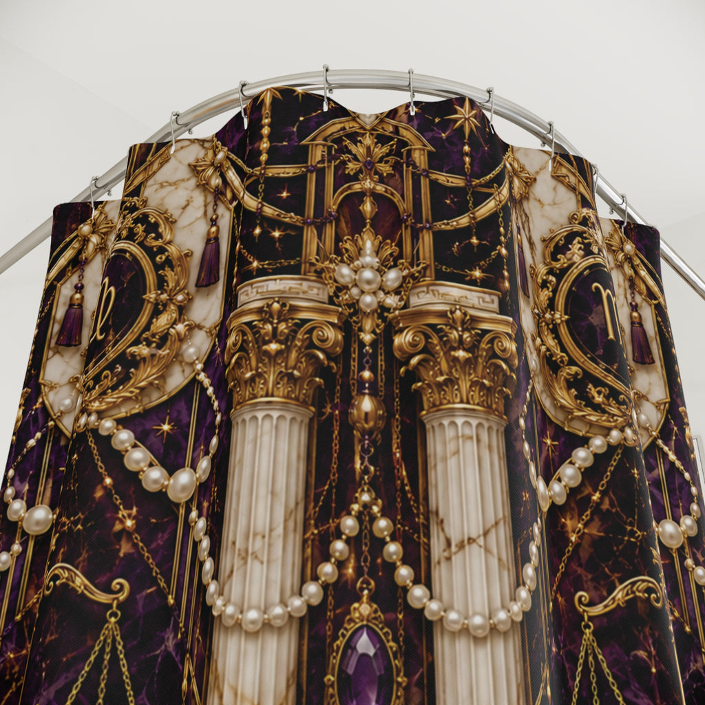 Decorative fabric with gold, purple, and white Virgo Zodiac patterns on a circular stand.